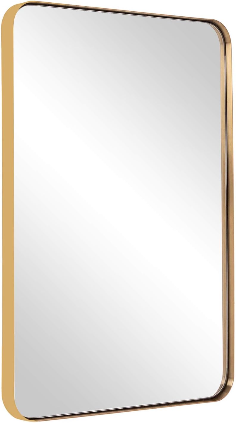 Gold Wall Mirror, 24x36 Inch Mirror for Bathroom, Brushed Brass Stainless Steel Metal Frame with Rounded Corner, Rectangle Glass Panel Wall Mounted Mirror for Decor of Bathroom, Vanity, Washroom : Home & Kitchen