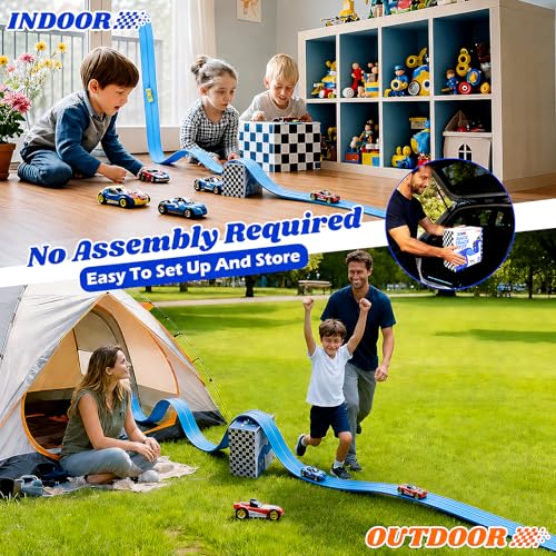 Image of Flexible Race Track Toys for Kids: 15 Ft Flex Race Car Ramp Track with Suction Cups - Rolls Up Portable DIY Racetrack Compatible with Diecast 1 /64th Cars Model - Birthday Gifts for Boys Girls Ages 3+