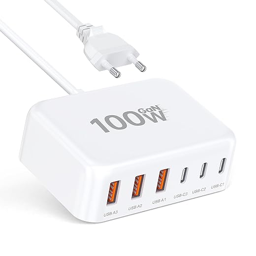 Carregador rápido USB C, hub de carregamento tipo cubo com 6 portas GaN de 100 W, adaptador de tomada com extensão para iPad, iPhone 16/15/14/13/12 Pro Max, Pixel, Note, Galaxy, cabo de 1,5 m
