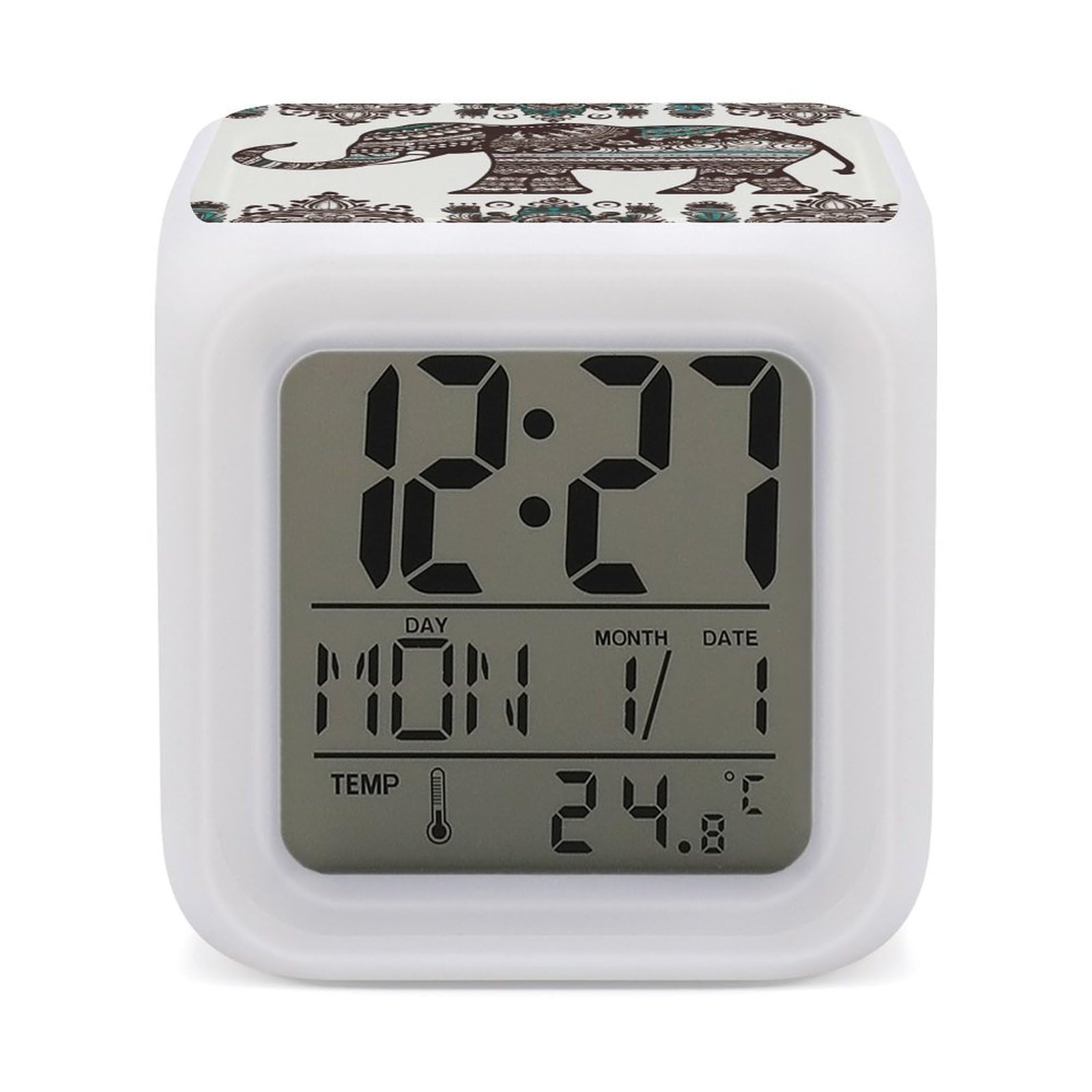 VstaDank Bohemian Elephant Pattern Digital Alarm Clock LED Display Screen Color Change Alarms Clock Smart Alarm Clock Wake Up Digital Clocks with 7 Color Nightlight for Bedroom