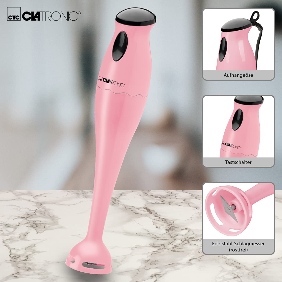 Clatronic HandBlender StandBlender SM 3577; ostrze ze stali nierdzewnej; do smoothie, puree dyniowego, koktajlu mlecznego; z miską blendera (500 ml); 180 W, biały