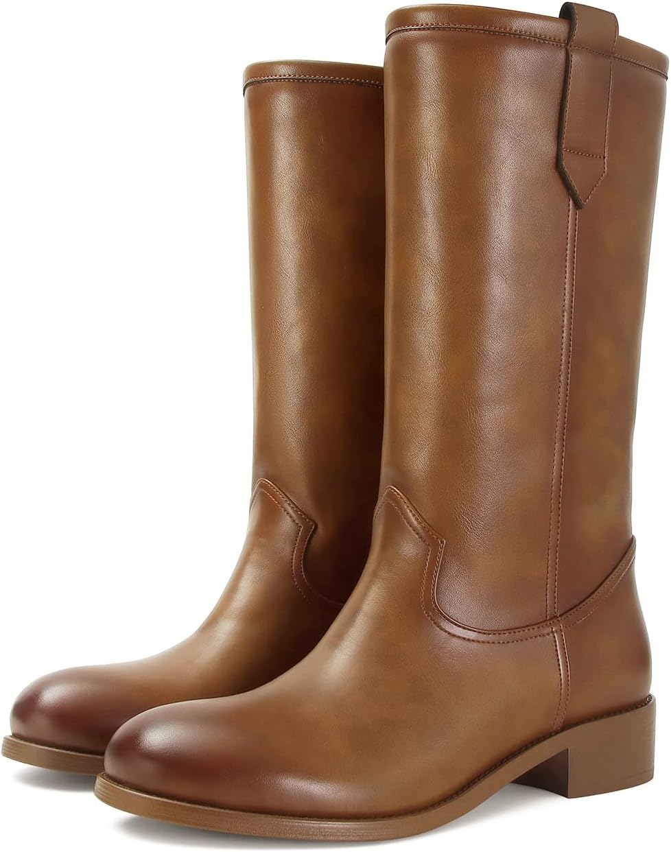 Mid Calf Boots for Women Chunky Block Heel Pull On Boots Round Toe Low Heel Trendy Stylish Riding Boots