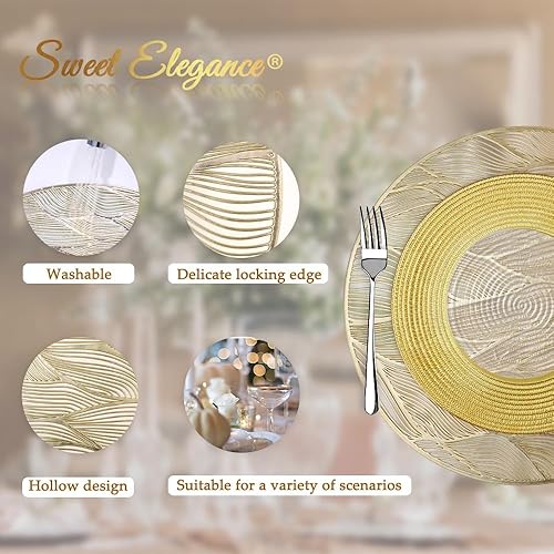 Miniatura 5 de Sweet Elegance Juego de 6 manteles individuales dorados de vinilo lavables redondos huecos para mesa de comedor, antideslizantes, resistentes al
