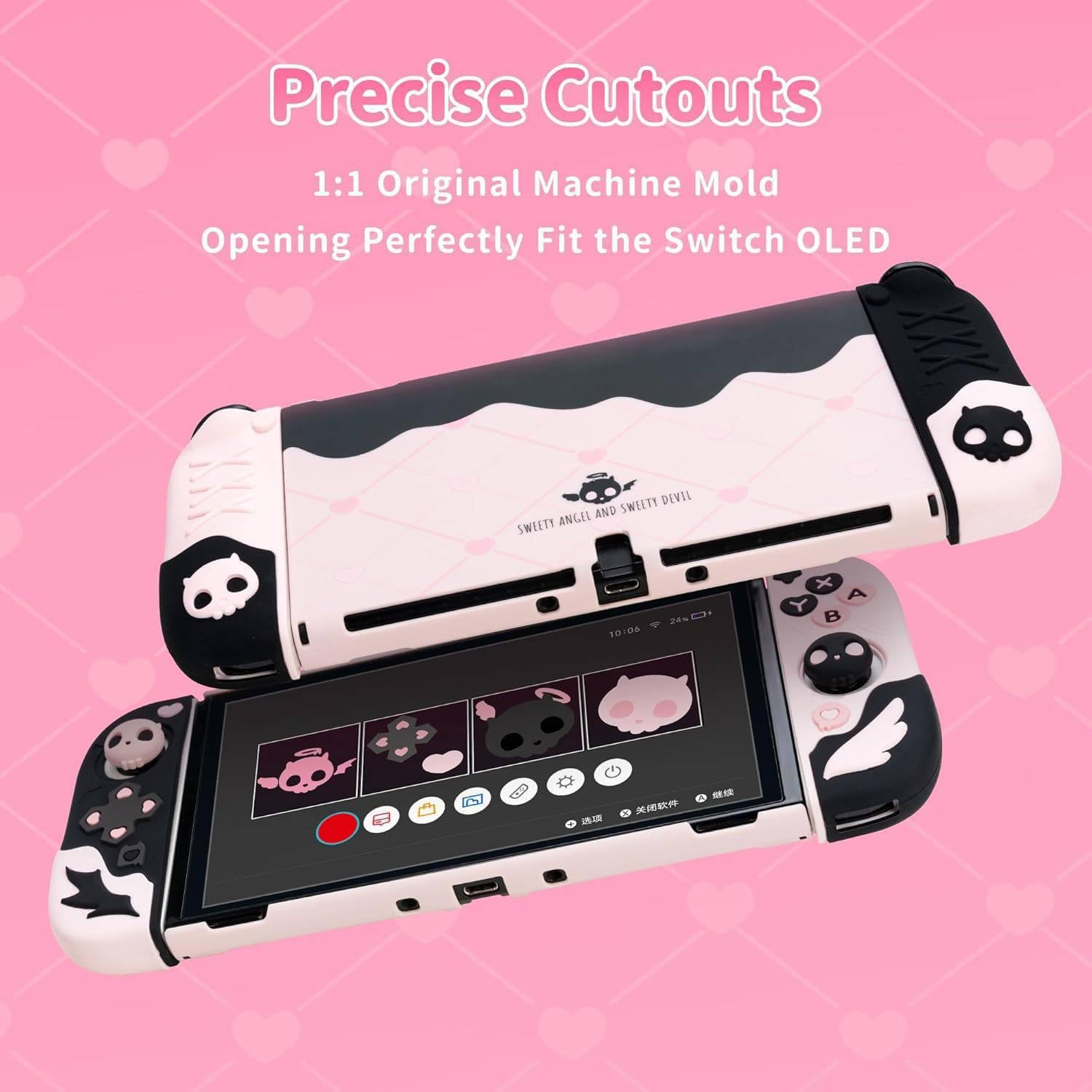 GeekShare Funda Protectora para Switch OLED, Funda de Silicona Blanda Separable para Joycon con 2 Tapas para el Pulgar - Sweetheart Skull