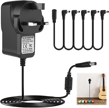 9V Guitar Pedal Power Supply 1A AC DC Adapter with 5 Way Daisy Chain Cables Barrel 5.5mm x 2.1mm for Most Guitar Effects Pedal Stompbox Center Negative Sleeve Positive Polarity