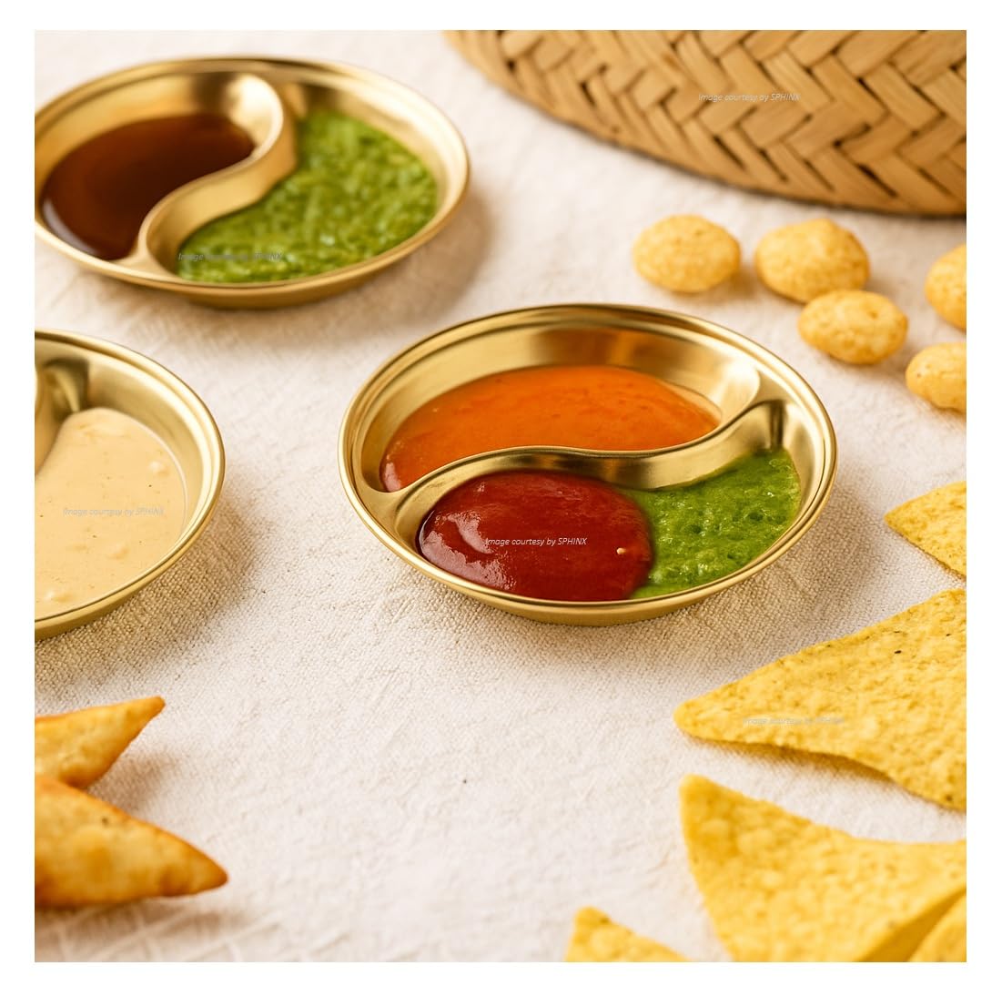 SPHINX Cafe Style Golden Mini Sauce Plate – 9.8 cm Stainless Steel Divided Chutney & Dip Dish for Aesthetic Dining, Sauces, Condiments & Barbeque Dips- (4 Pcs, Golden-2-Section-9.8cm)