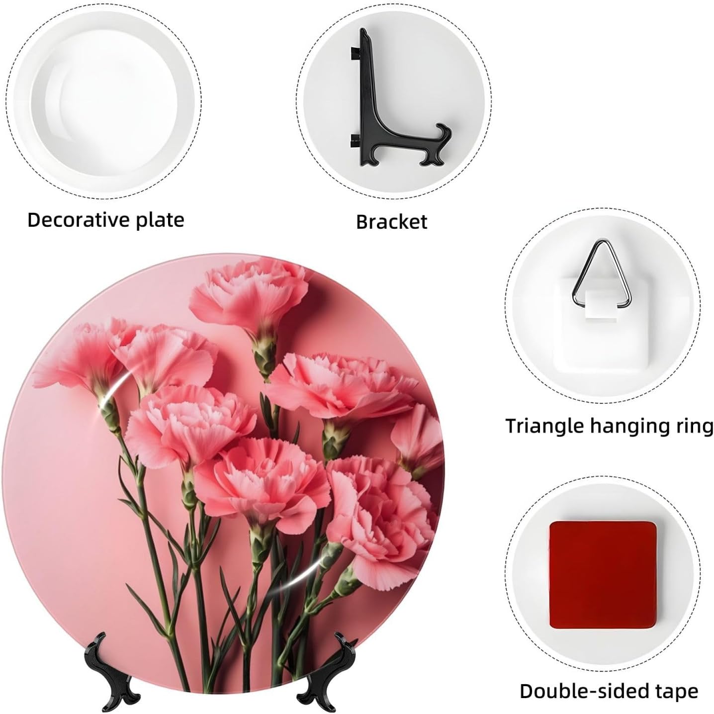 Pink Carnations Style Ceramic Plate Display Home Display With Stand Wall Hanging Plate For Home Decor 10 Inch