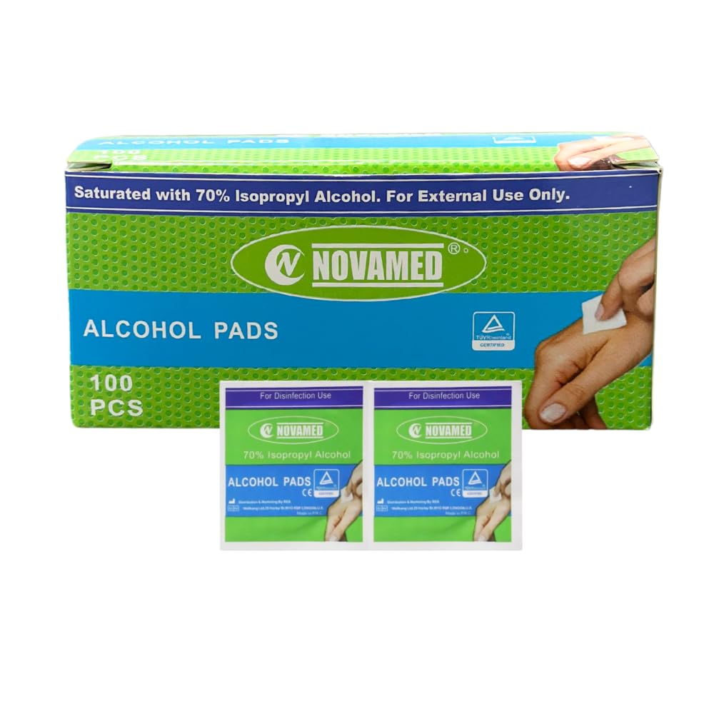 Novamed Alcohol Swabs 100's Pcs Antiseptic Wipes for First Aid, Eyeglasses, Phone Screens, Ideal for Cleaning Nail Surfaces, Disposable Pre-Injection Swab, Medical, and Nail Polish Removal.