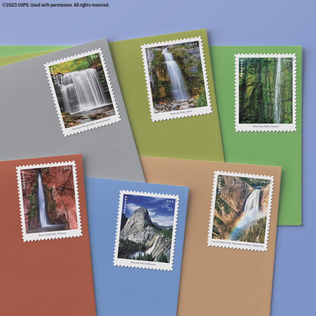 Briefmarken "Waterfalls" (2 Bögen mit je 12 Stück) USA Briefmarken First Class Nature Rock River Park Ankündigung Feier Jahrestag Hochzeit 2023 Scott #5800