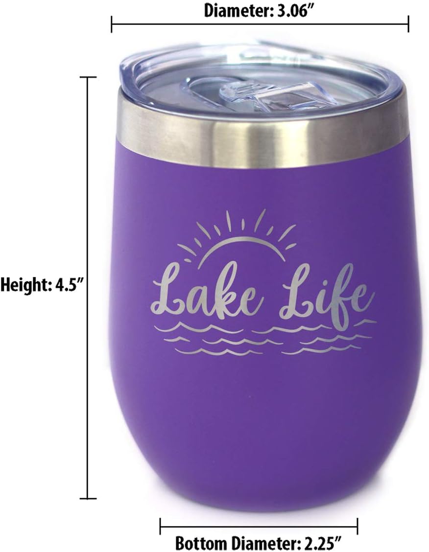 Bevvee Lake Life - Wine Tumbler with Sliding Lid - Stemless Stainless Steel Insulated Cup - Cute Outdoor Camping Mug - Purple - Image 5