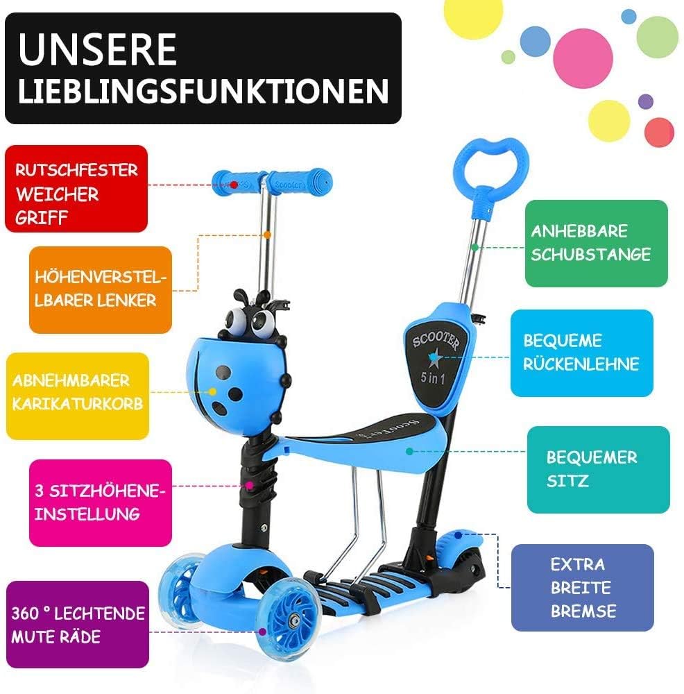 YOLEO 5-in-1 Kinder Roller Scooter mit Abnehmbarer Karikaturkorb Sitz Schubstange Große Räder Bequeme Rückenlehne Höheverstellbare Lenker für Kleinkinder Jungen Mädchen ab 2 Jahre (Blau)