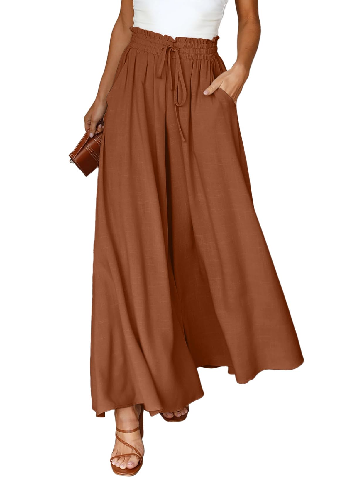 Dokotoo Palazzo Pants for Women Casual Drawstring Elastic High Waist Wide Leg Long Pants with Pockets 2025