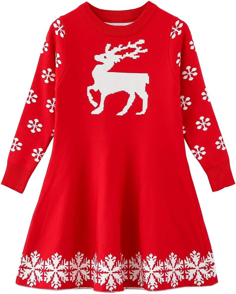 SMILING PINKERLittle Girls Christmas Dress Reindeer Snowflake Xmas Gifts Winter Knit Sweater Dresses
