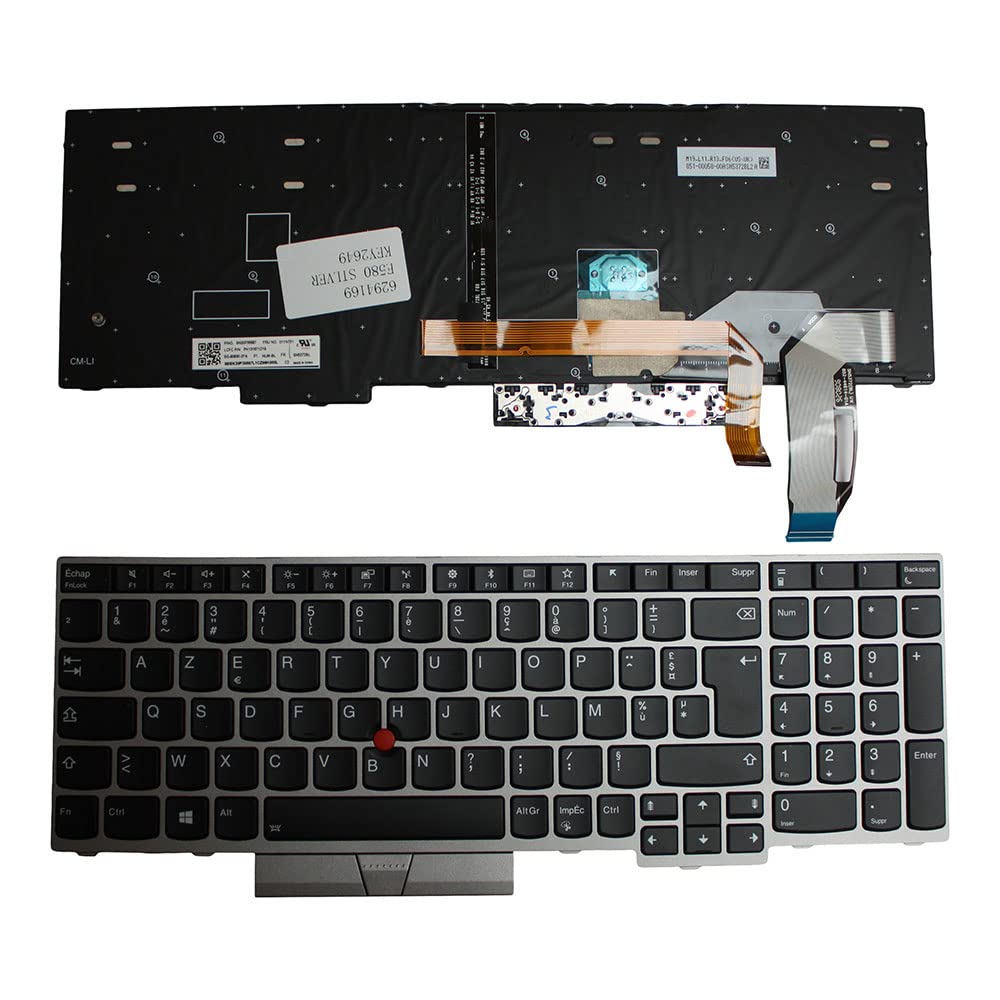 Power4Laptops Francés con Pointer Marco Plata Retroiluminada Negro Teclado para Ordenador portátil Compatible con Lenovo 01YN751