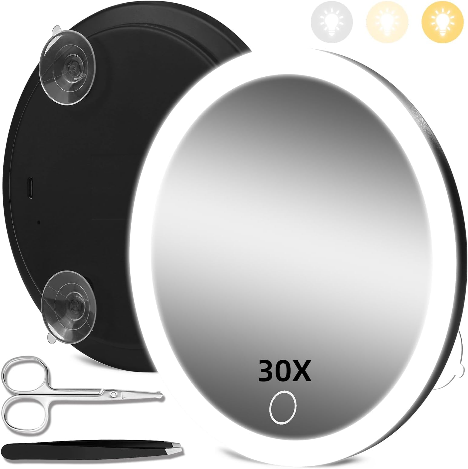 Jadazror30X Magnifying Mirror with Lights, 30X Magnified Mirror with 3 Suction Cups, 6inch Travel Magnified Mirror 3 Color Dimming Lighted Makeup Magnification with Tweezers,Scissors