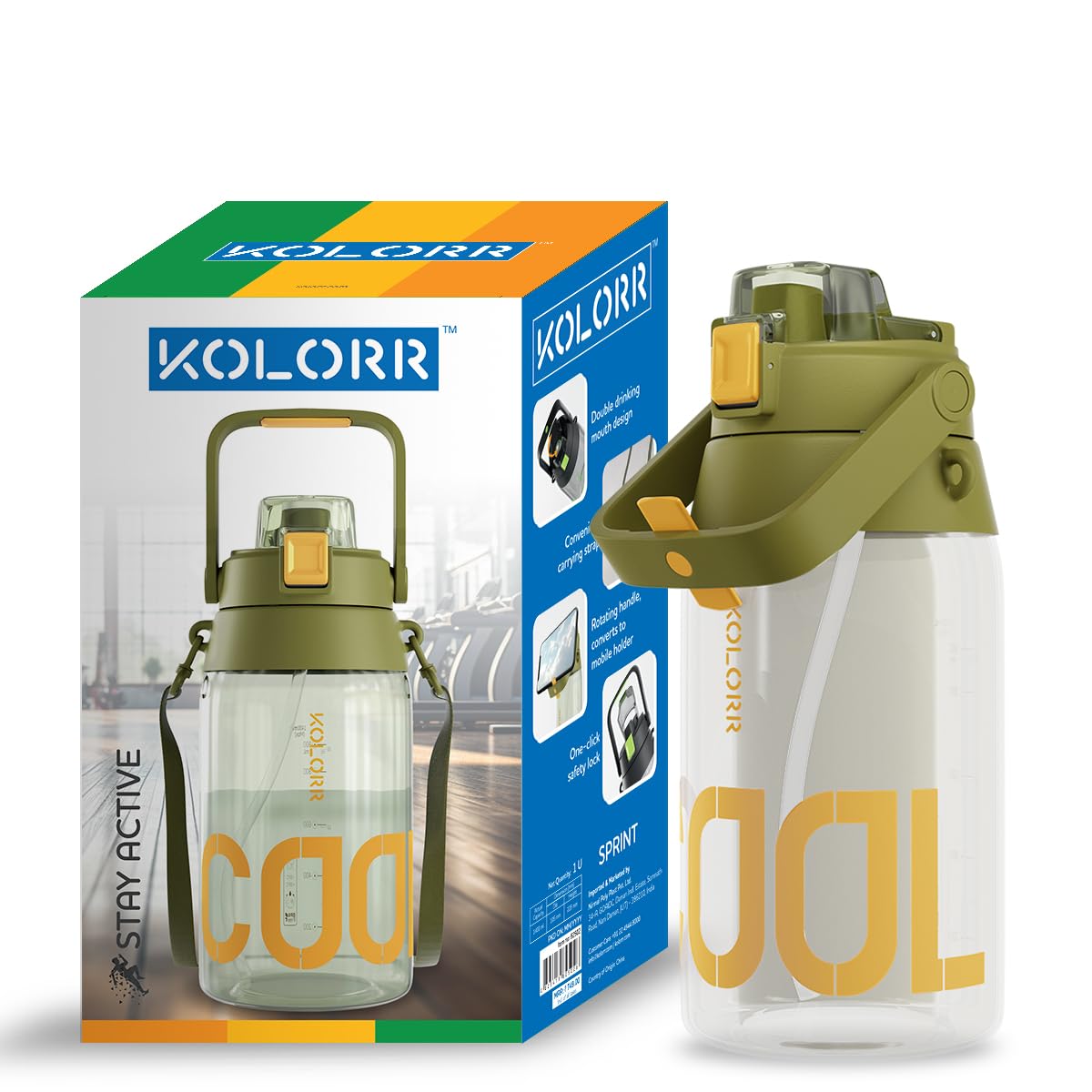 KOLORR Sprint+ 2000 ml Fitness Gym Non-Toxic Water Bottle|Dual Opening Mount Design with Mobile Holder|Motivational Bottle|Durable Handle, Easy to Carrying Strap, One-Click Lock - Army Green & Orange (B0D5VG75M6) Amazon Price History, Amazon Price Tracker