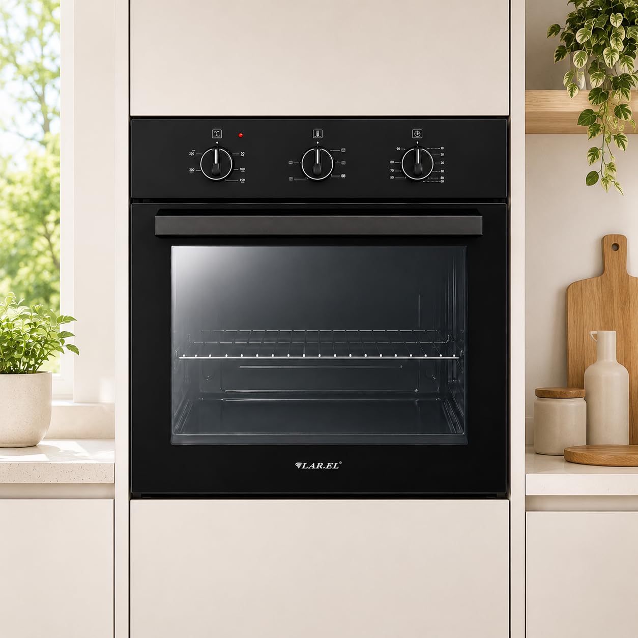 Forno da Incasso NERO LAR.EL 60 cm Elettrico Ventilato Turbo 5 Funzioni con Termostato Timer Meccanico Luce Interna Doppio Vetro Leccarda e Griglia