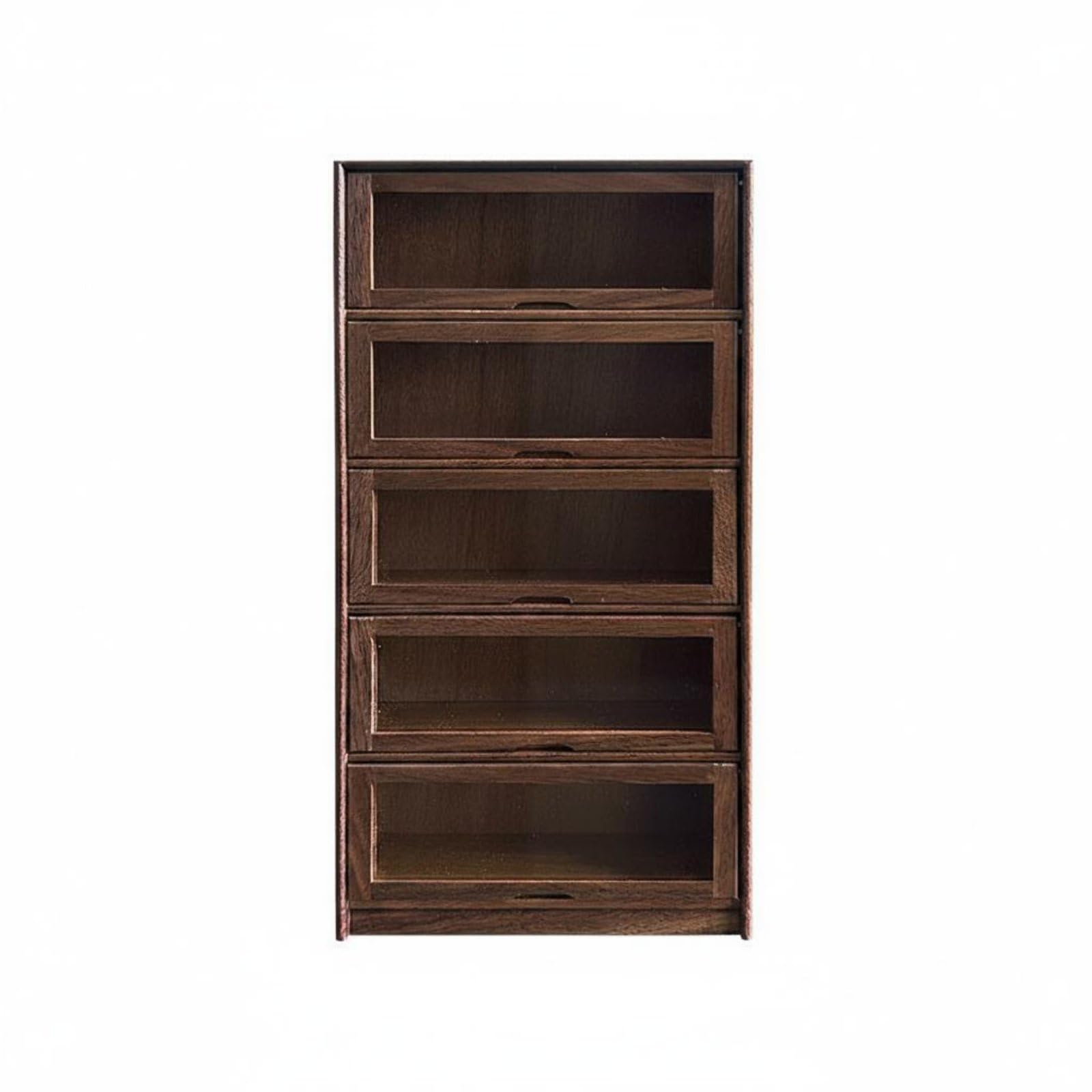 Meuble Rangement Miniature en Bois Transparentes Étagères Multiples pour Poupée Poupée Collectionneur, Noyer, Armoire À 5 Tiroirs À Rabat en Noyer