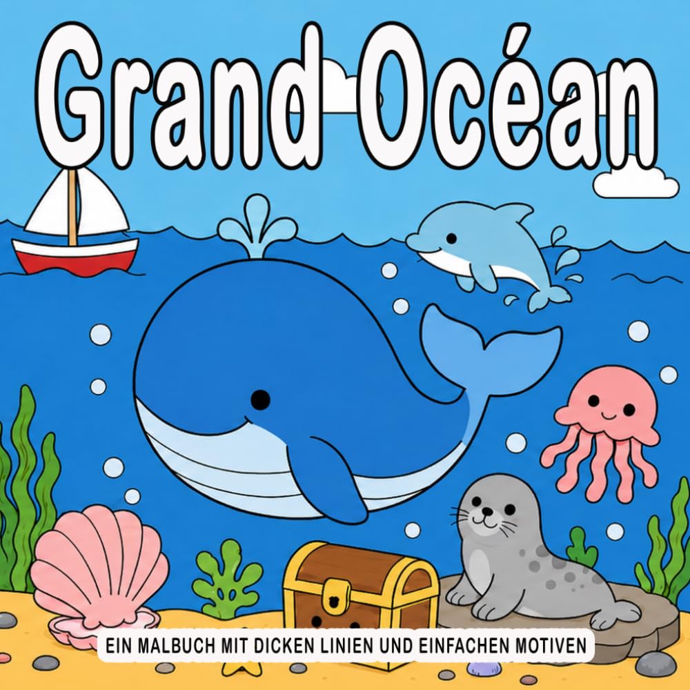 Grand Océan: De grandes pages de coloriage faciles sur l’océan pour enfants et adultes avec de mignonnes créatures marines, des objets de plage, la vie marine et des dessins simples aux contours épais