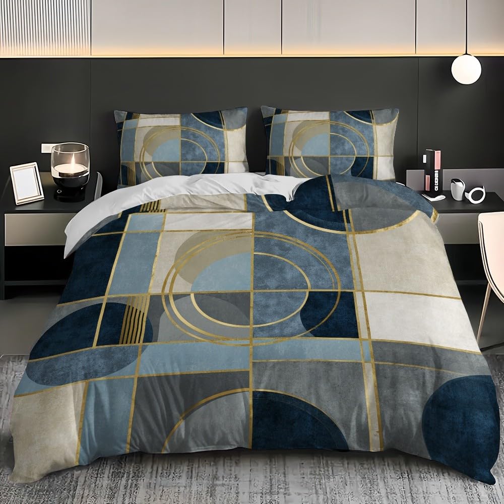 Geometryczna, nowoczesna, minimalistyczna pościel 180 x 200 cm, 3-częściowy komplet pościeli – z 2 poszewkami na poduszkę 80 x 80 cm, niebieska, poszewka na kołdrę z mikrofibry, z zamkiem