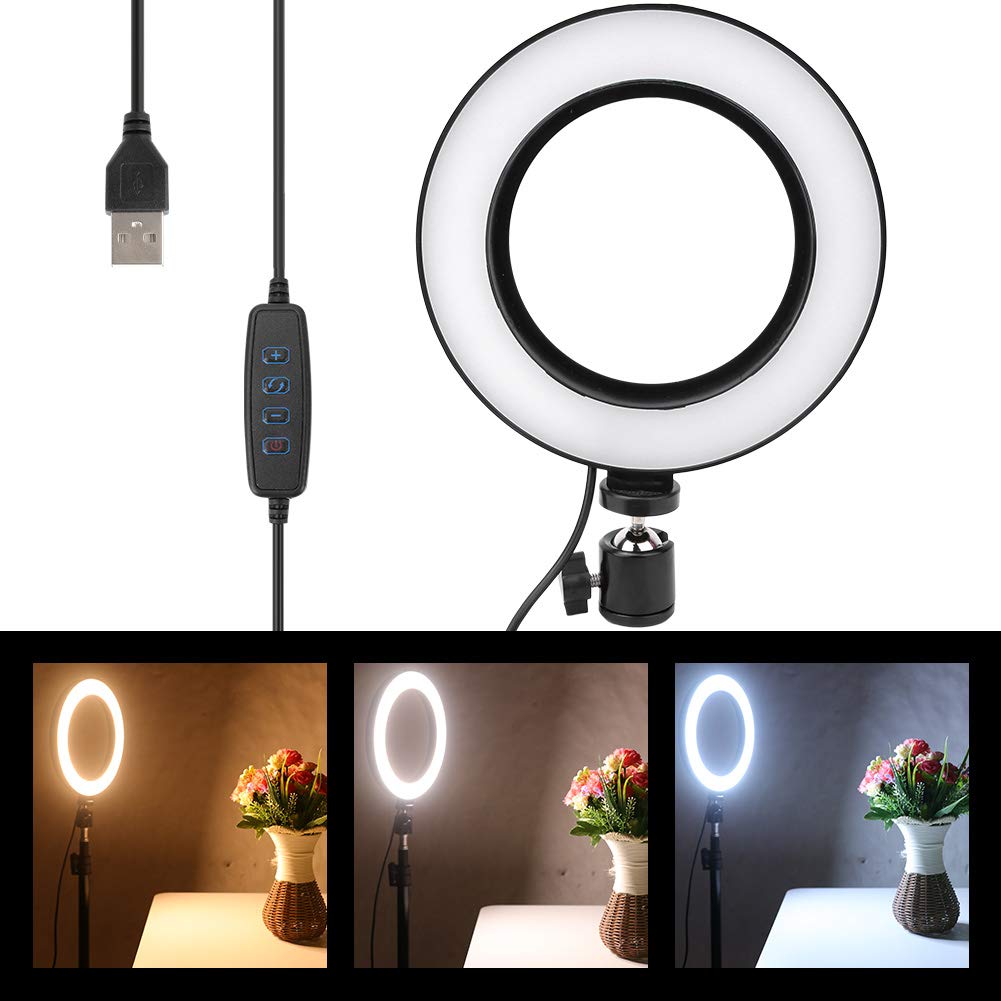Luce ad Anello Dimmerabile con Luce Video a LED USB da 6 Pollici, Ring Light Lampada Anulare Regolabile con Stativo di Luce e Supporto per Cellulare