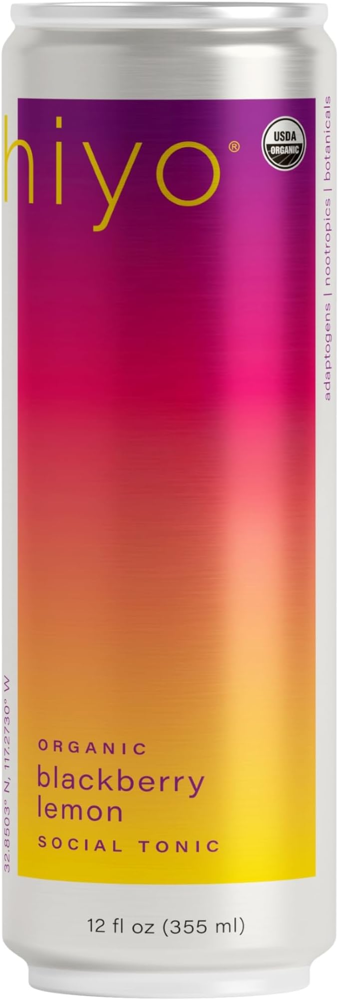 Hiyo Organic Social Tonic - Blackberry Lemon, 12 FZ - N.A. Functional Seltzer, Sparkling Water Crafted with Organic Adaptogens, Nootropics & Botanicals