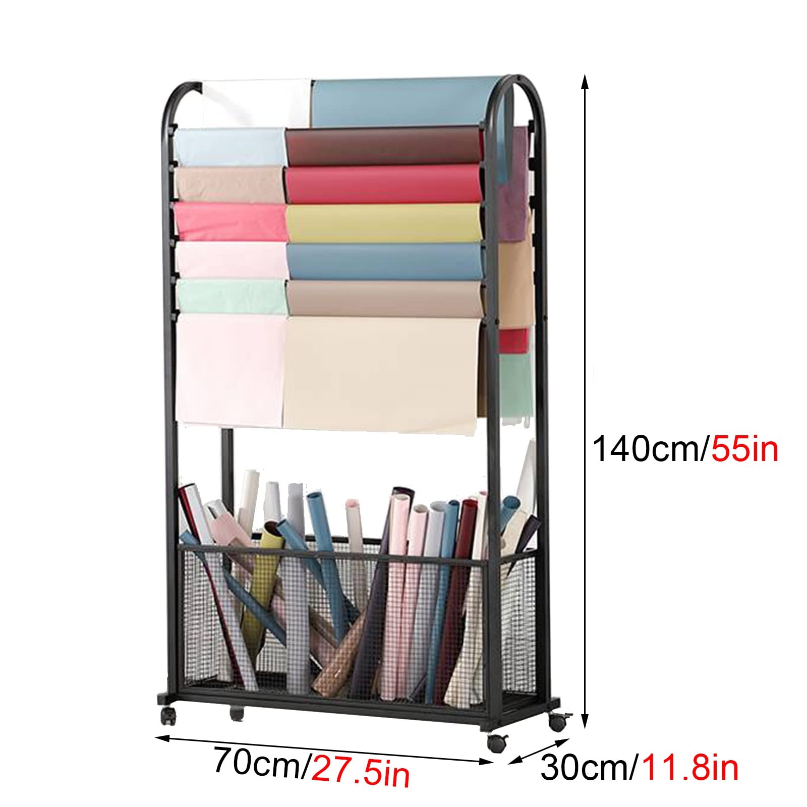 UWYTGF Floor Scarf Display Rack with Grid Basket,Rolling Wrapping Paper Organizer,Metal Storage Holder for Ribbon/Cloth/Satin/Vinyl Reel,OneColor,70X30X140Cm