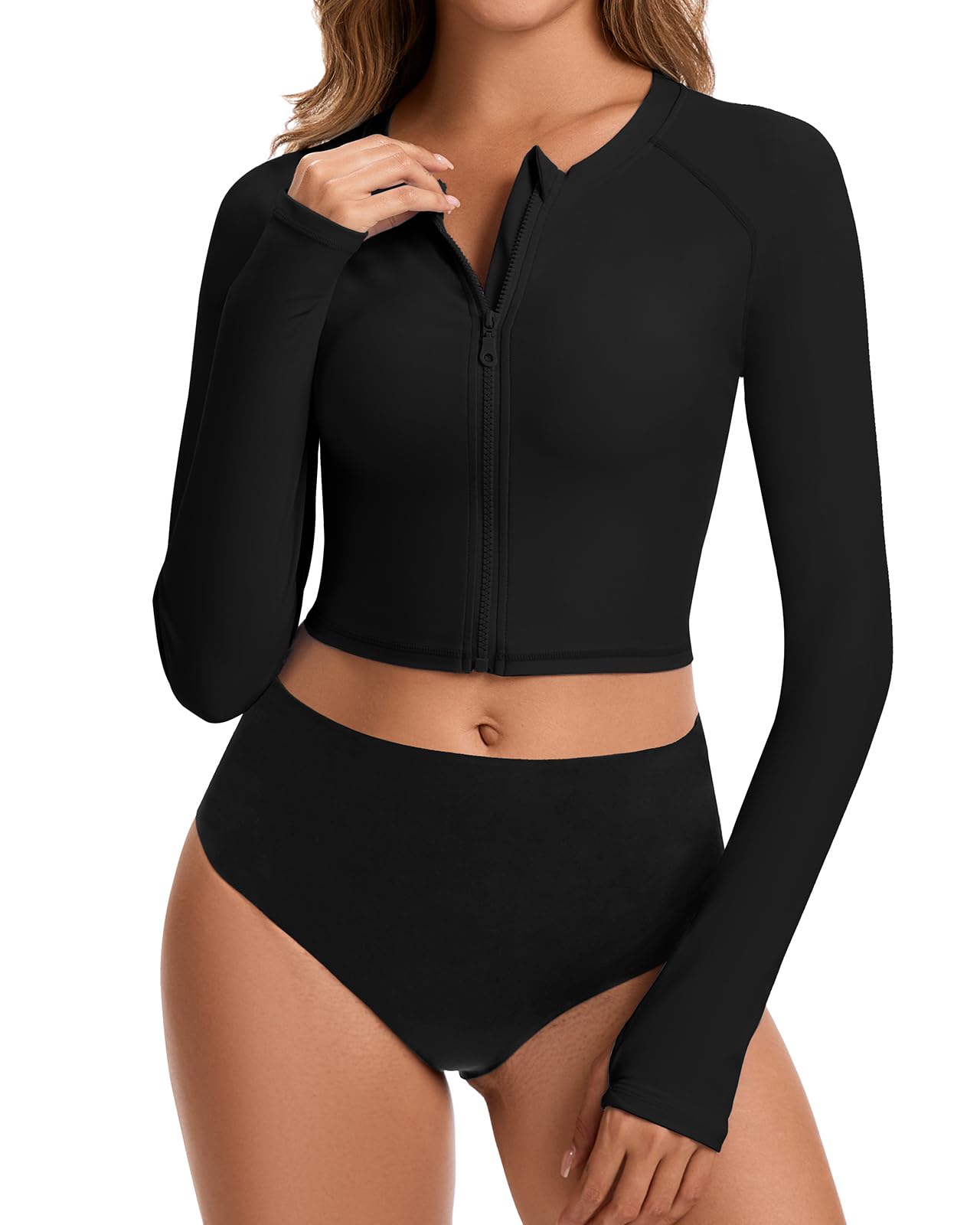 Cropped Rash Guard Shirts for Women Long Sleeve with Thumb Holes UPF50+ Surfing Swimsuit Top No Bottom-image-42