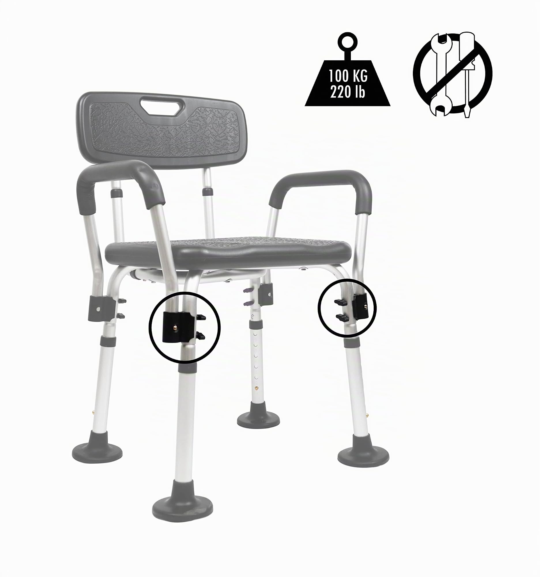 Pepe Mobility Duschstuhl für Senioren mit Armlehnen Schwarz, höhenverstellbarer Duschsitz mit Rückenlehne, sicherer Badstuhl aus Aluminium, Badezimmerstuhl bis 100 kg
