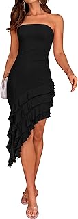 Women's 2025 Summer Strapless Bodycon Tube Dress Sexy Off Shoulder Mesh Irregular Ruffle Backless Party Midi Dresses - Buy now
