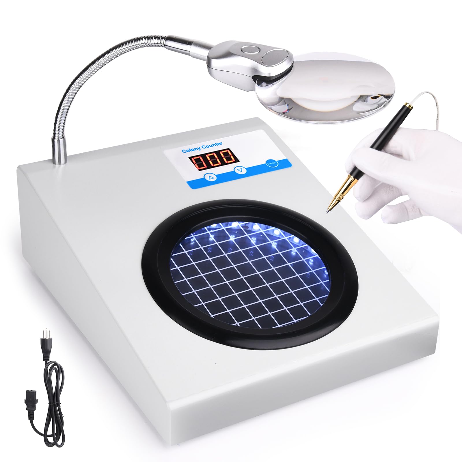 3/9X Magnification Co/lony Counter with Automated Tally and Ring Illumination, Ergonomic Slope Design for Cosmetics Analysis, Sample Detection J-2