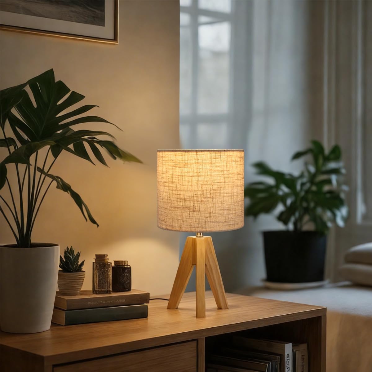 Tripod Table Lamp, Small Bedside Night Stand Lamp with 3 Colors, Decorative Lamp for Bedroom, Nursery, Living Room (Bulb Included) (Natural Wood)