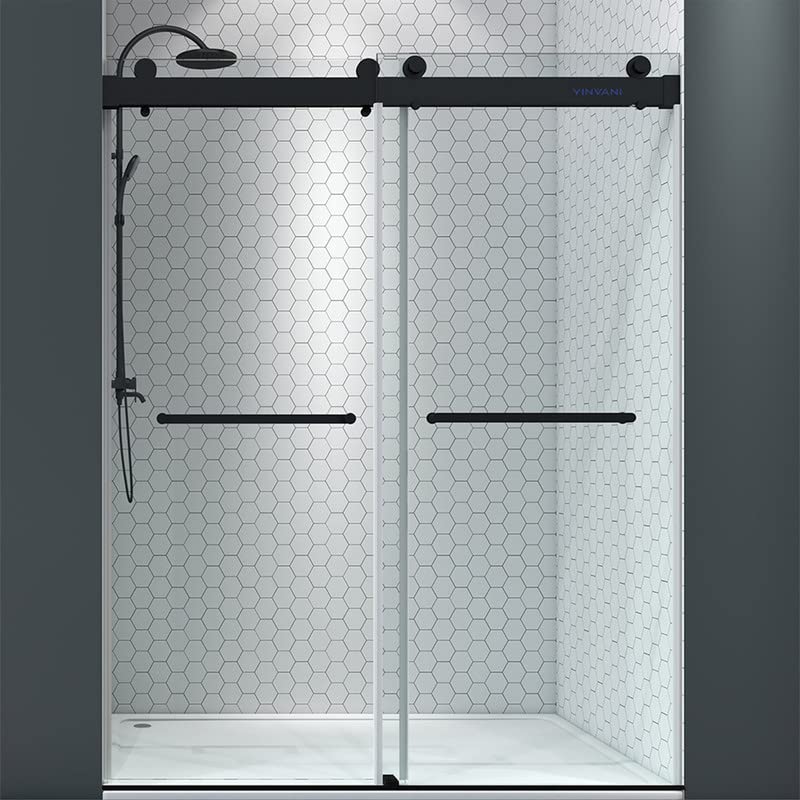 YINVANI Frameless Double Sliding Shower Door, 57”-60” ×66”, 3/8”(10mm) Clear Tempered Glass, Impermeable Bathroom Shower Doors DS01-MB606610 (Matte Black)