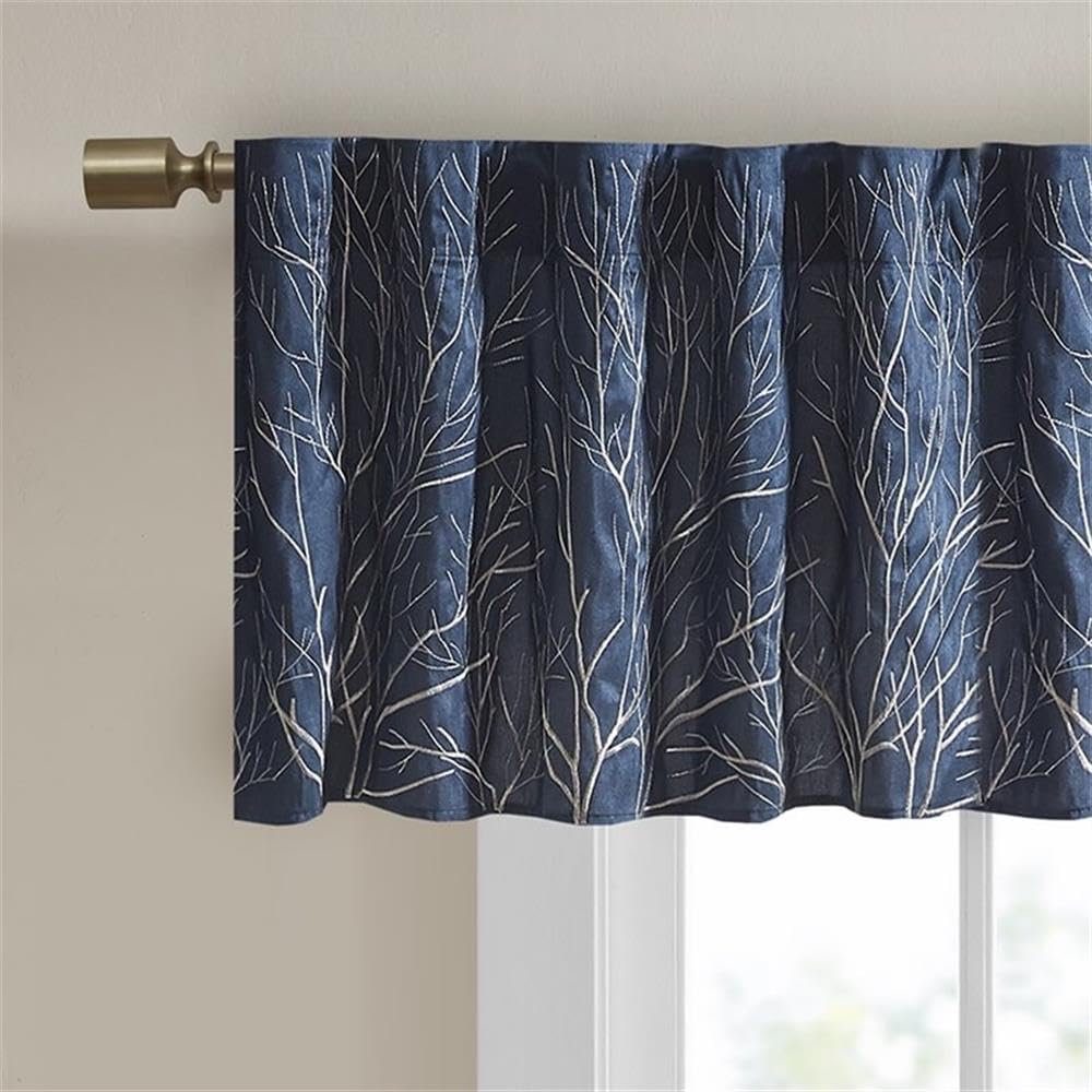 Pemberly Row Transitional Faux Silk Embroidered Window Valance in Navy