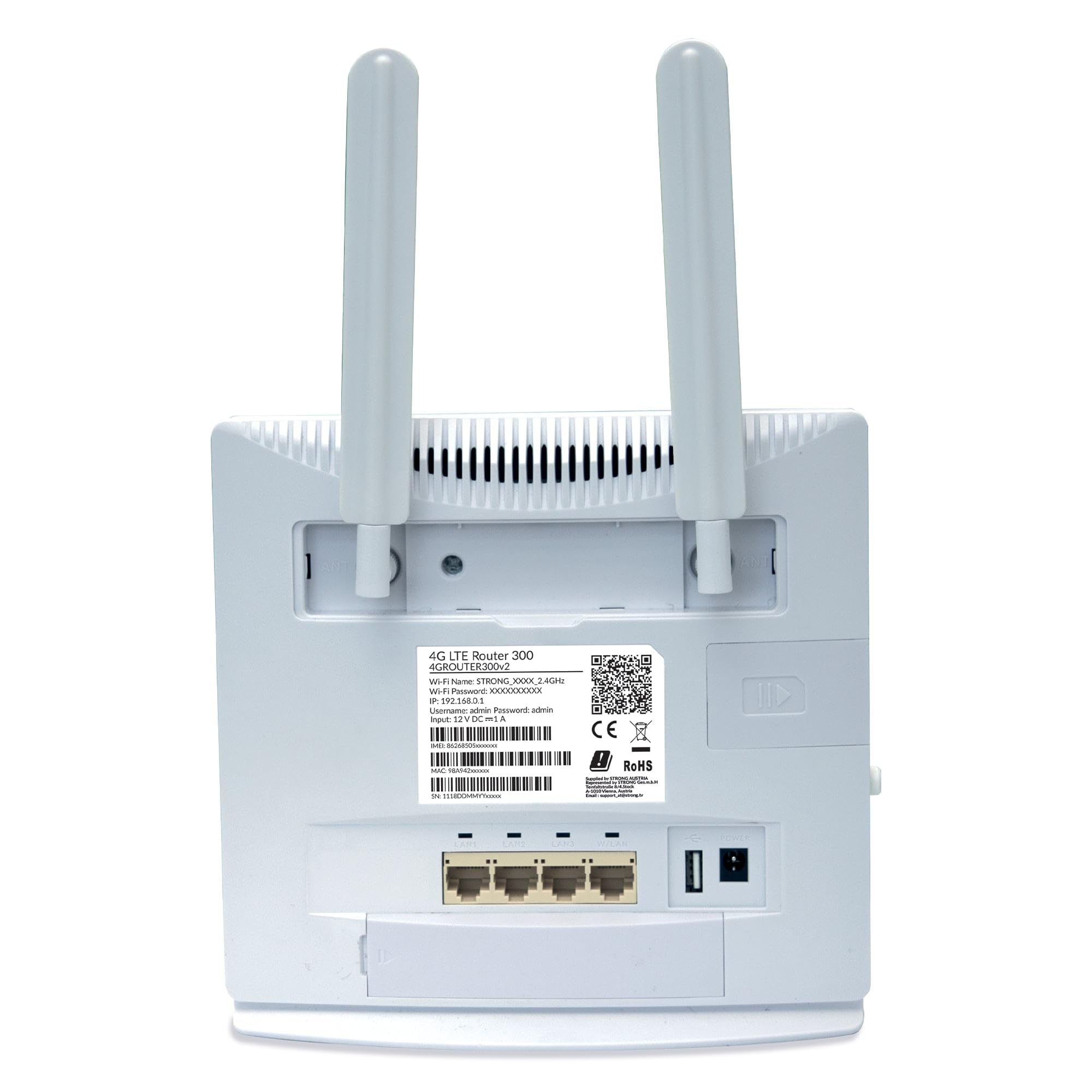 STRONG 4ROUTER300V2 LTE fino a 150 Mbps, Wireless N300Mbps, Router WiFi con Slot per Sim, 4 Porte LAN, Cat 4, Modem 4G Sim. Funziona con qualsiasi operatore. Bianco.