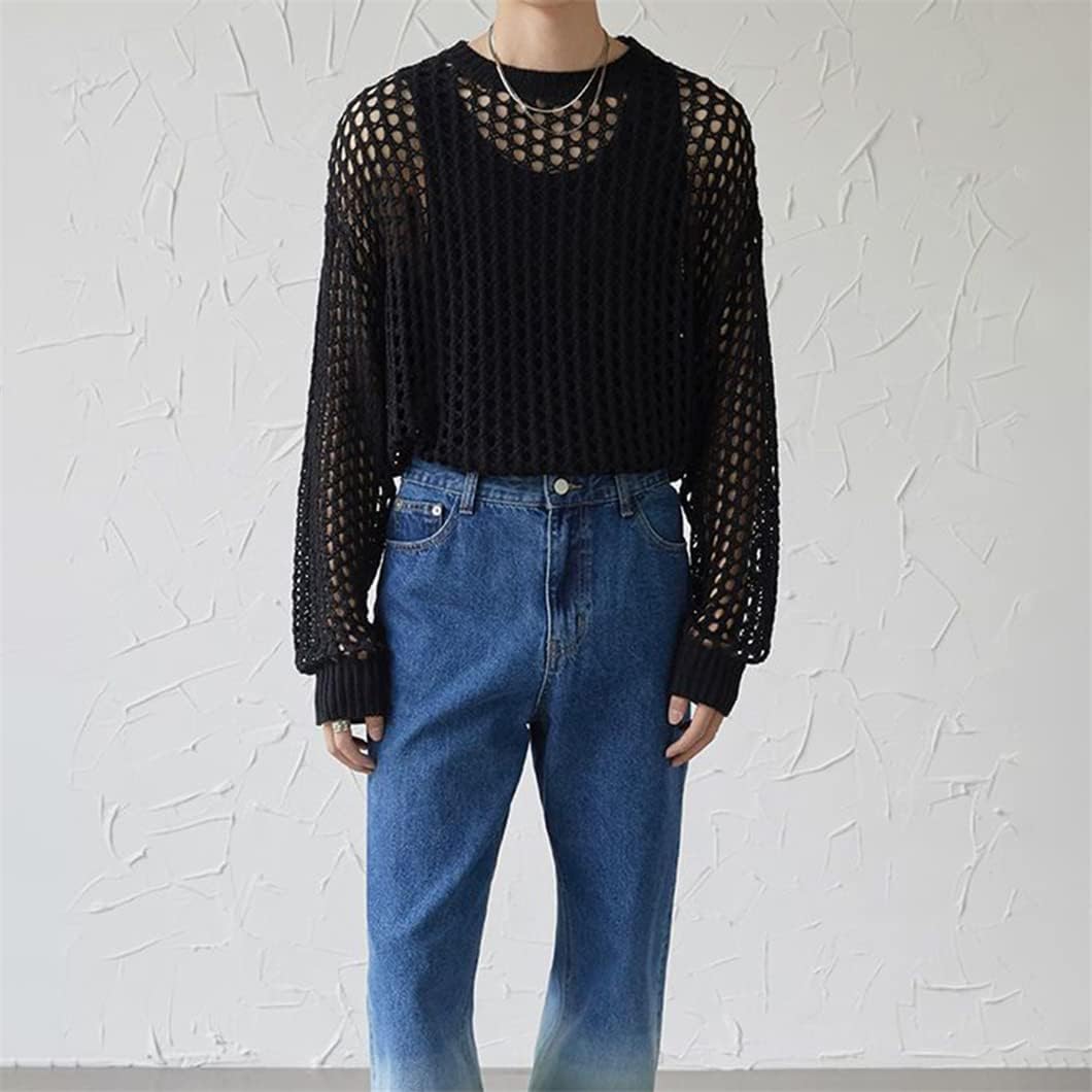 Men's Vintage Loose Smock Tops Summer Casual Geometic Hollow Out Outfits See-Though Knit Shirts