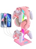 VCOM RGB Gaming Headphones Stand with 2 USB and 1 Type-C Ports, Pink Headset Stand with 10 Light Modes and Non-Slip Rubber,Suitable for PC Desk Accessories Gamers Gift(Pink)