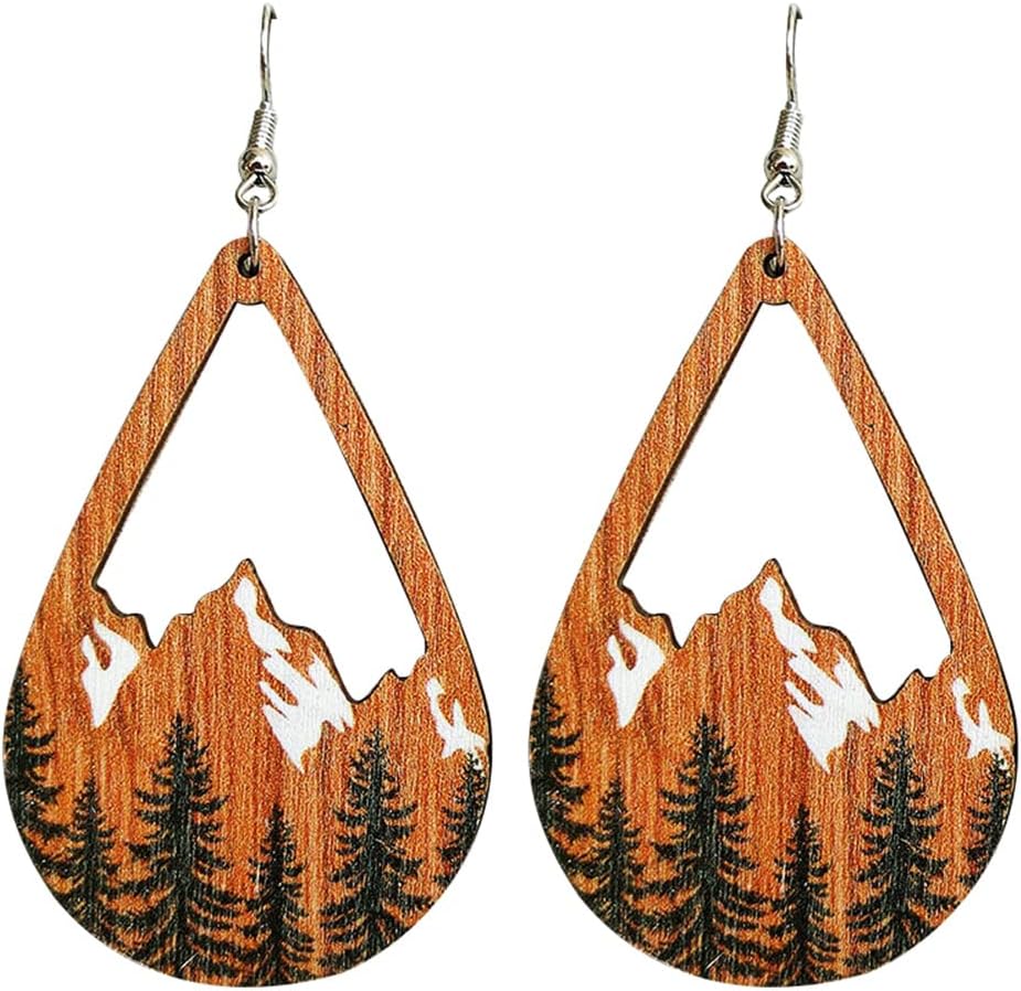 Western Cowgirl Nature Wooden Snow Mountain Dangle Drop Earrings Hollow Teardrop Hook Tree Pattern for Women Cowboy Statement Outdoor Jewelry
