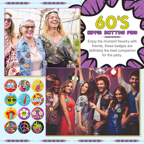 Image of Yinkin 1.7 in 60's Hippie Button Pins Bulk for Decorating Backpack Bags Hats Jean Hippie Party Favors Accessories 12 Style