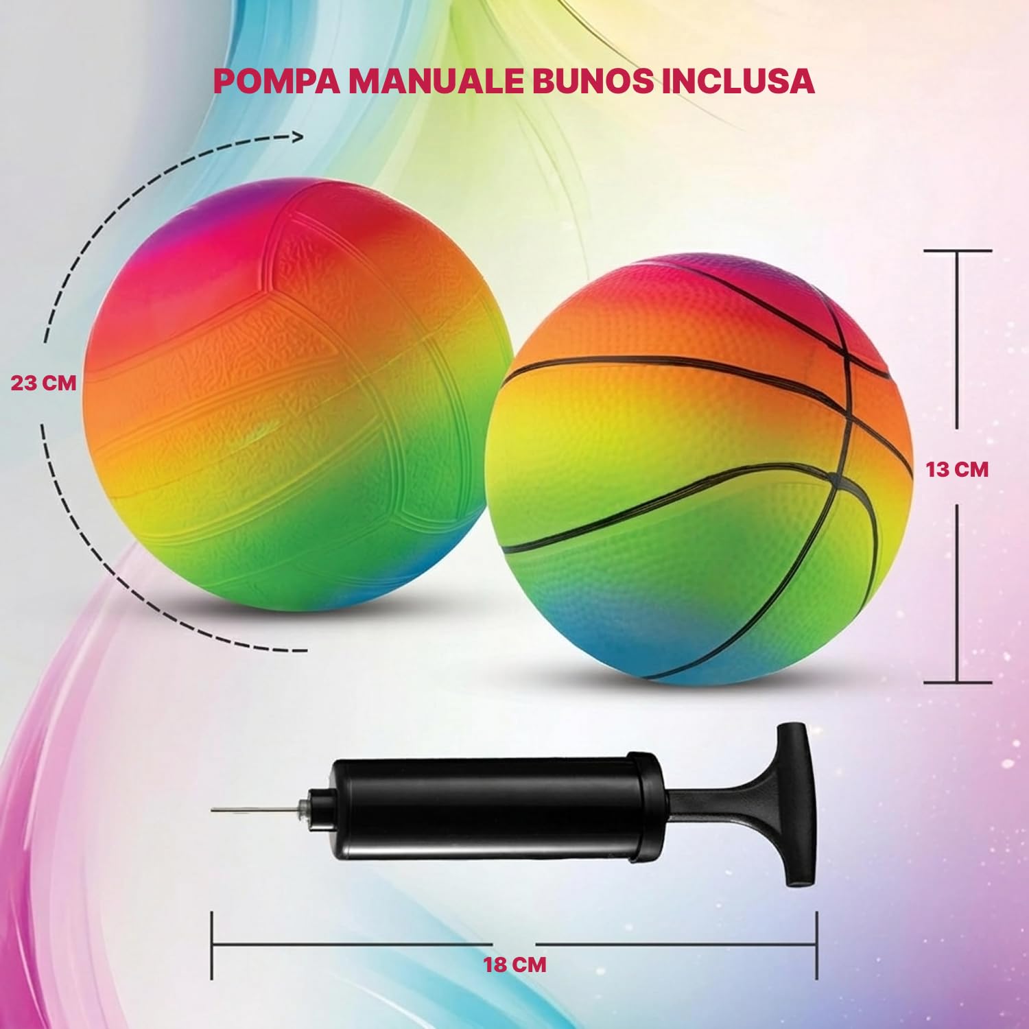 Bedwina Rainbow Sports Balls - Palline Gonfiabili in Vinile da 6 Pollici (Confezione da 4) per Bambini e Bambini con Aggiunta Pompa ad Aria Manuale, Basket Neon, Pallone da Calcio e Pallavolo