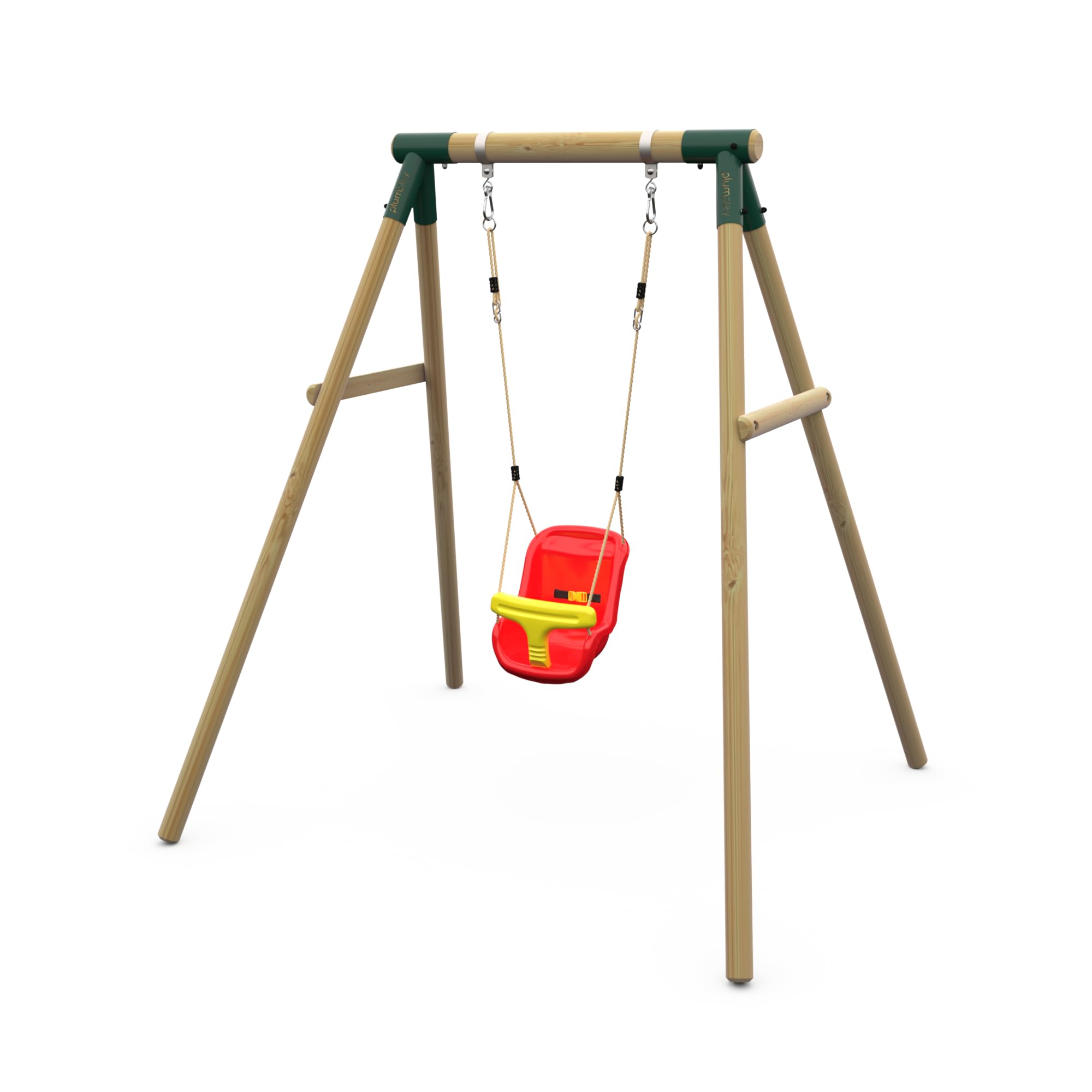 Plum Single Red Baby Seat Play Kids Outdoor Wooden Round Pole Garden Swing Set With Ground Anchors - Safe Sturdy A Frame - Suitable For Up To 50Kg Per Accessory - Up To 5 Year Warranty (Single Red Baby Seat)