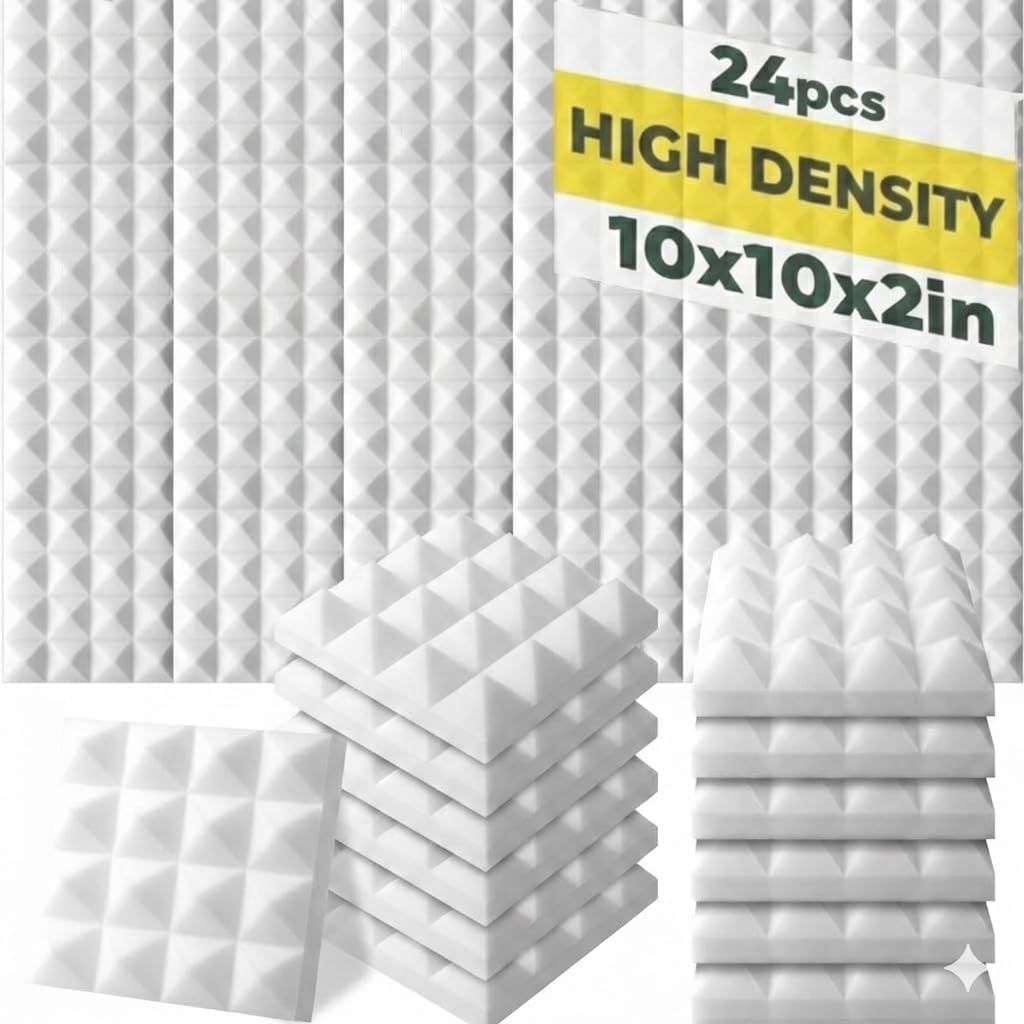 Arrowzoom Acoustic Foam Panels, 24 Pack, 10 x 10 x 2 Inch High Density Pyramid Sound Absorbing Foam for Home Studio, Podcast Room, Recording Booth and Home Theater, Pearl White