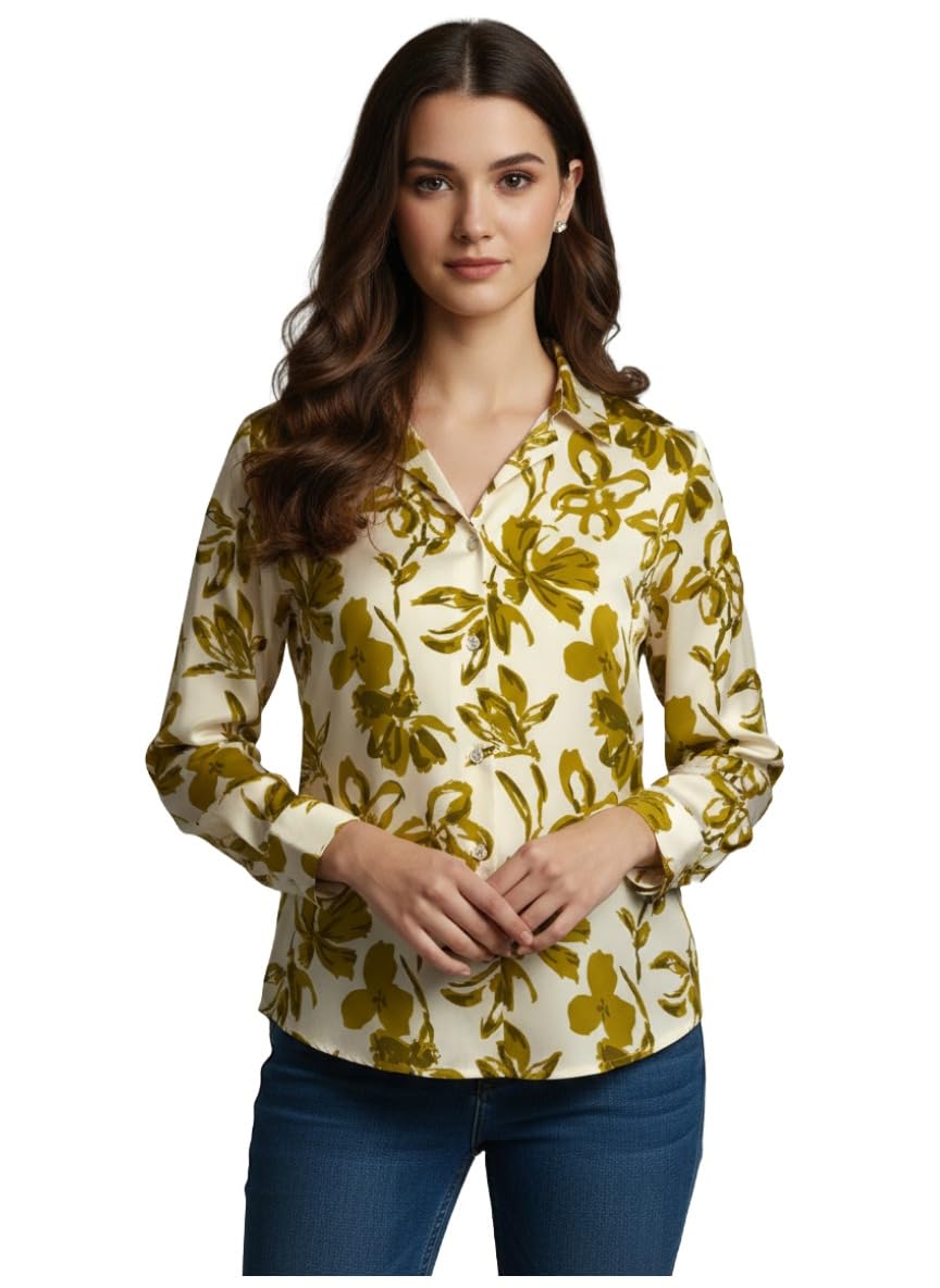 ANNI Designer Bedrucktes Damenhemd aus Baumwollmischgewebe, langärmelig, normale Passform, Hemdkragen, legere Bürokleidung, elegante Western-Kleidung für den Alltag, Hochzeit, Party