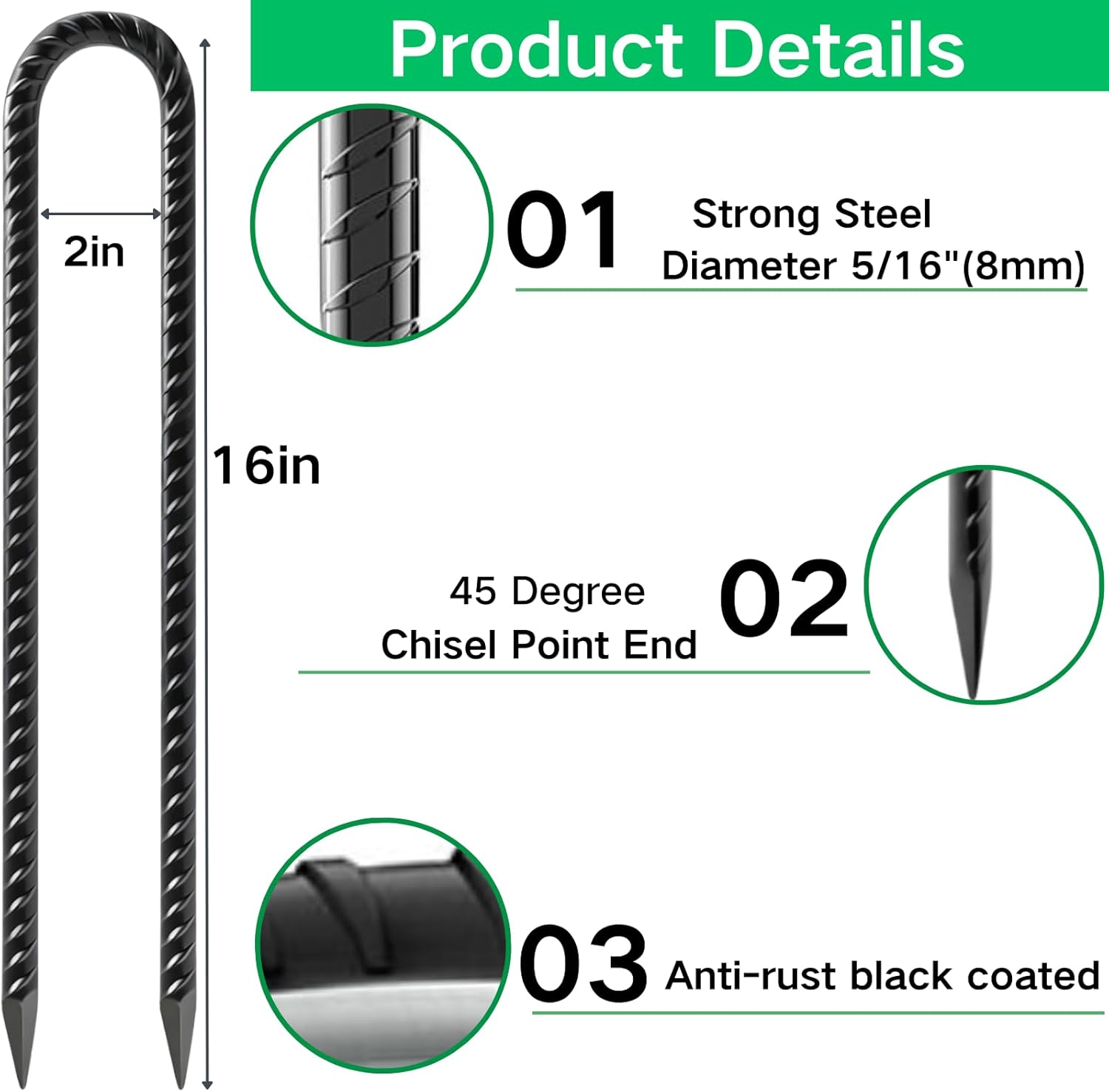 Rebar Stakes 16 Inch 8-Pack Heavy Duty U Hook, Premium Black Coated Ground Stakes for Trampolines, Wire Fencing, Shed Swing, Dog Fence