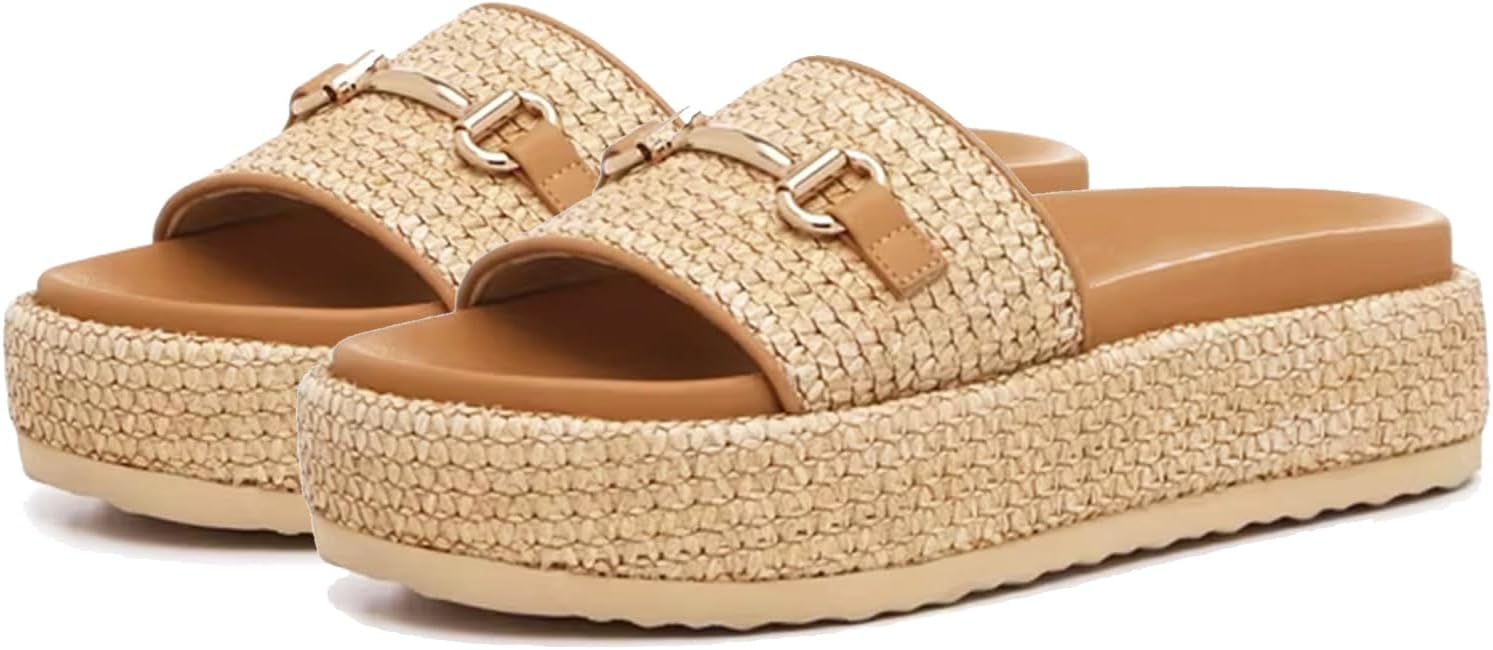 RJYLP Natural Raffia Platform Sandals for Women Raffia Espadrilles Comfortable Open Toe Slip On Summer Beach Slides Sandals
