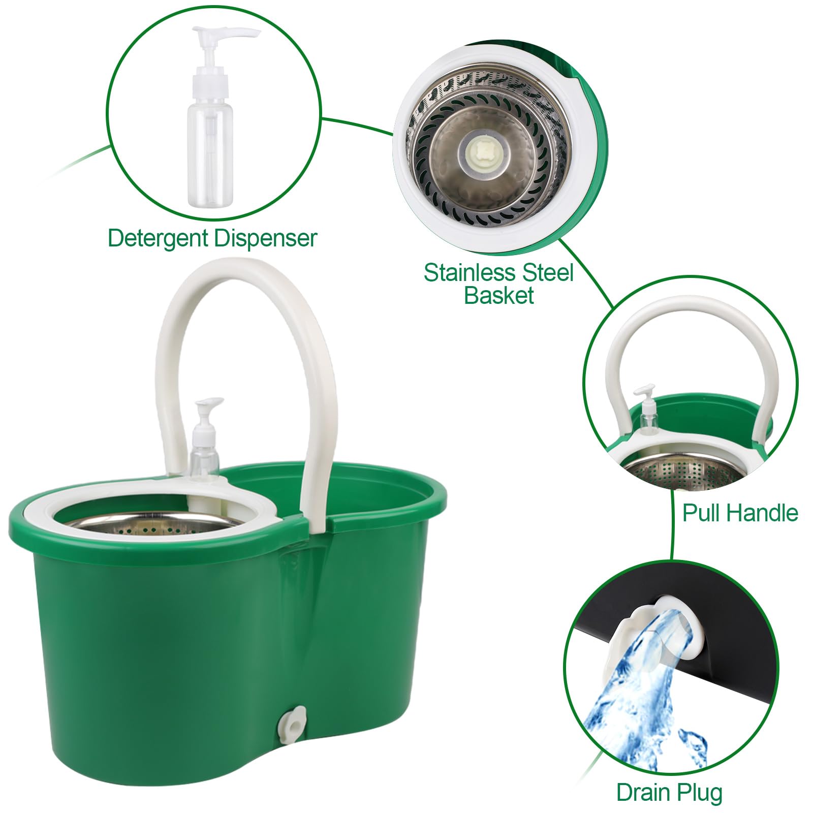 Mopa giratoria y cubo con juego de escurridor, sistema de cubo de fregona de cabeza giratoria de 360° con 3 recambios de fregona de microfibra en húmedo y seco, adecuado para oficina y uso doméstico,