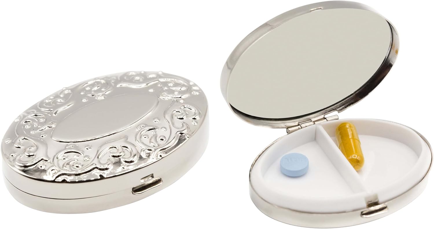 Set of 2 Oval-Shaped Pocket Purse Pill Box & Organizer with Dual Compartments (Silver Victorian)