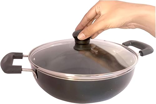 Miniatura 6 de Base de inducción antiadherente Kadai con tapa de vidrio, sartén antiadherente, parte inferior plana, antiadherente, multiusos, sartén antiadherente