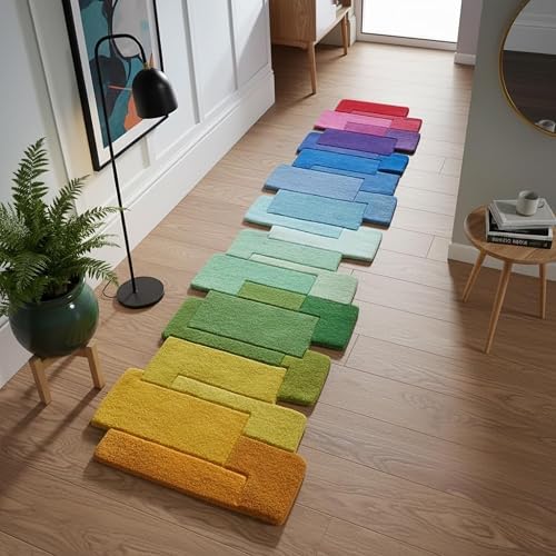 Restoration and Renovation Rainbow Wool Runner Rug 2.6' x 8' – Handmade, Irregular Block Pattern, Colorful Gradient Geometric Rug for Living Room, Bedroom, Kitchen & Home Decor - Rainbow - 2'6" x 8' (Runner)