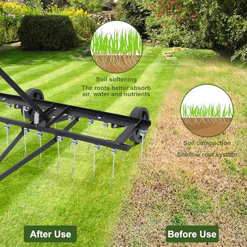 Tow Behind Aerator, 40 inch Lawn Pull Dethatcher with 20 Spring Steel Tines and Lift Handle for Outdoor Yard Care, Lawn Sweeper to Remove Thatch, Leaves and Pine Needles, Black - Thumbnail 4